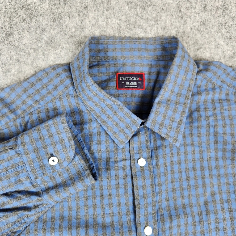 UNTUCKit Gingham Shirt Men XXL Blue Grey Plaid Button‎ Down Long Sleeve Casual